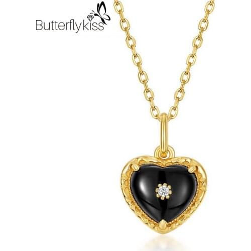 BK Vintage Black Agate Necklaces Pendants 925 Sterling Silver Heart Pendants Geometric Engagement Wedding Fine Jewelry Gifts