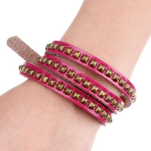 Multilayer Gold Rivet Red Leather Silver Rivet Black Leather Punk Genuine Leather Wrap Bracelets New Adjustable Women Bracelets