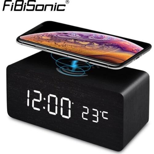 FiBiSonic Wooden Led Digital Table Alarm Clocks With Qi Wireless Charging Pad Compatible With For Iphone Samsung