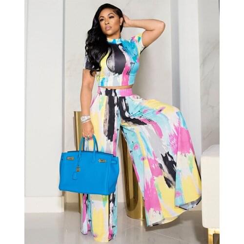 Elegant Women Summer Tie Dye Print Two Piece Set Casual Streetwear Short Sleeve T Shirt Crop Top + Wide Leg Pants 2 Piece Outfit