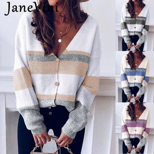 JaneVini Fashion V Neck Knitted Cardigans Women‘s Spring Autumn Casual Coat Button Long Sleeve Streetwear Female Jacket Sweater