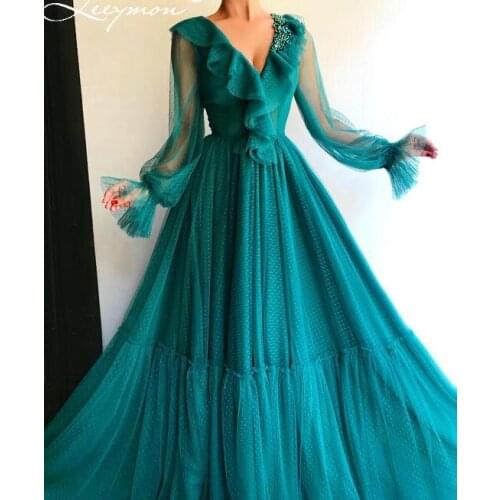 Leeymon Green Polka Dots Tulle Evening Dress Deep V Neck Ruffles Puff Sleeves Appliques Party Gown robe de soiree