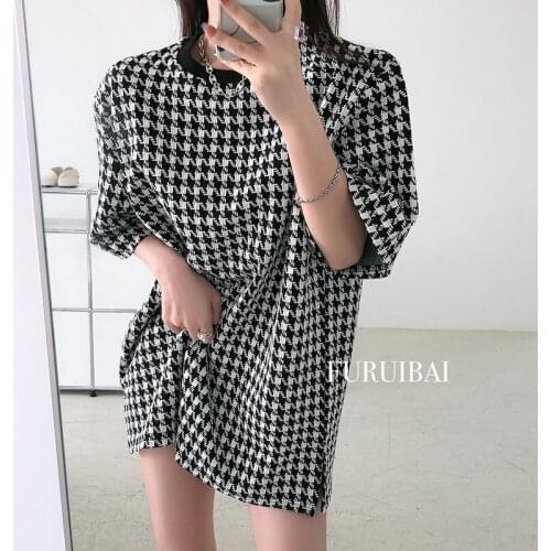 Summer loose Korean retro houndstooth T-shirt women