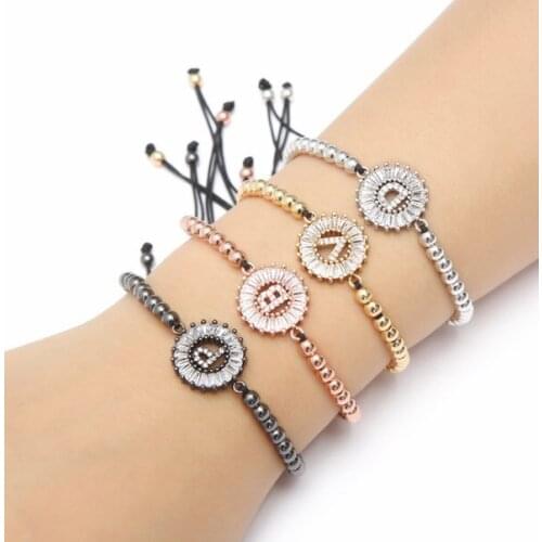 Micro pave Copper White cz Cubic Zirconia rope adjusted Beads Bracelet 26 Alphabet Initial Charm Braided Bangles Letters ht54