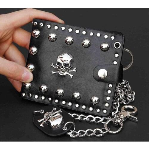 Mens skull studded Leather Wallet with a Jeans Long Key chain
