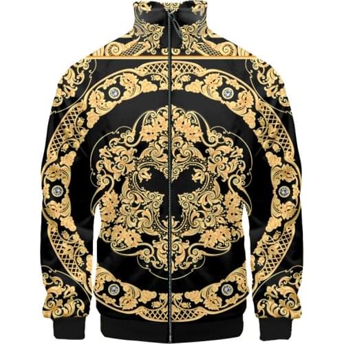 IFPD New Golden Floral Flower Stand-up Collar Jacket 3d-printed Baroque Luxury Casual And Cool Zipper Jacket Coats Plus Size 6XL