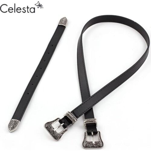 Celesta Vintage Carved Design Alloy Metal Leather Belts For Women Double Buckle Waist Belt Waistband High Quality Female