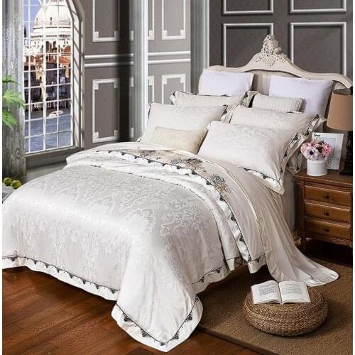 Coffee White Luxury Satin Jacquard bedding sets Embroidery bed set double queen king size duvet cover bed sheet set pillowcase