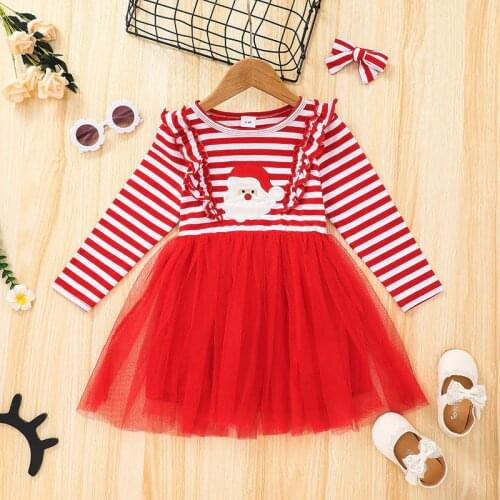 Christmas Dress Girls Spring Autumn New Stripe Santa Claus Dresses Children Kids Fashion Long Sleeve Cotton Mesh Dress