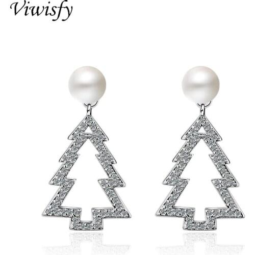 Viwisfy Christmas Tree Crystal Pearl Studs Vintage Solid 925 Sterling Silver Earrings For Woman VW21066