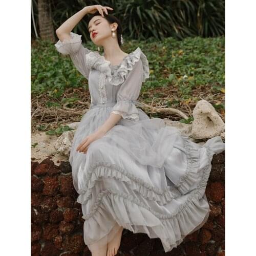 Cottage Style Gray Lace Fairy Dress Summer Vintage Royal Flare Sleeve Square Collar Gorgeous Princess Dresses Tulle Vestido