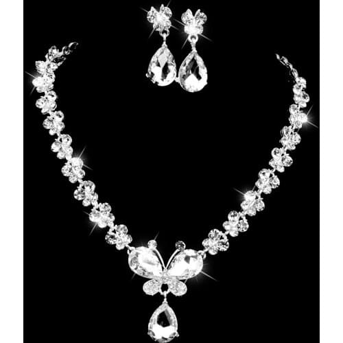 Bridal Wedding Jewelry Crystal Necklace Earrings Set Butterfly Long Pendant