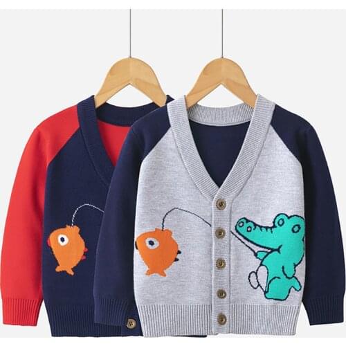 VOGUEON Boys Spring and Autumn Knitted Sweater V-neck Cartoon Dinosaur Sweaters for Kids Children Knit Coat Cardigan 2-7 Years