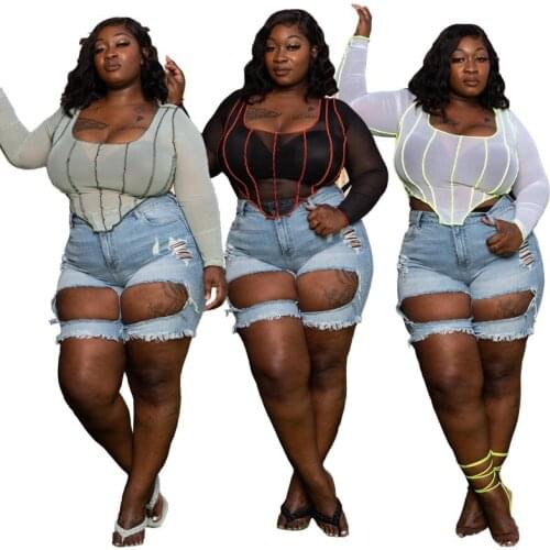 Plus Size Women T-shirt 2021 Summer Patchwork Stitch Fashion Shirt Crop Tops Long Sleeve Square Neck Pullover 1XL-5XL Tops