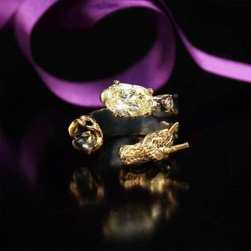 Dragon Yellow-White Zircon Gemstone Ring, Woman 925 Silver Ring, Flower & Dragon Yellow Zircon Special