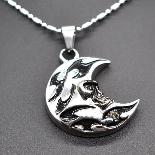 AMUMIU Casting Punk Skull Head Moon Pendant Necklace For Boys Mens 2017 New Rock Fashion Jewellery HZP233