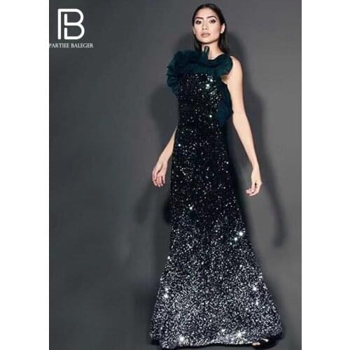 PB Trendy Ombre Sequins Floor Length Long Dress Sexy Sleeveless Backless Ruffles Design Celebrity Party Vestido Free Shipping