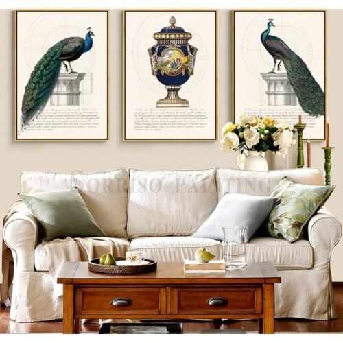 Canvas Oil Painting 3 Pieces Europe Classic Peacock Vase Flowers Wall Art For Living Room Posters And Prints Picture Home Decor