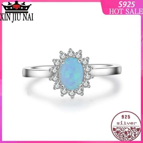 100% Silver S925 Platinum Female Simulated Diamond Ring with Opal Stone Aquarium Blue sun Flowers Simple Shape rings for women