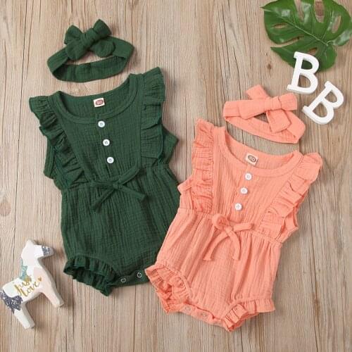 Summer Newborn Baby Girls Clothes Sleeveless Ruffle Solid RomperJumpsuit+Headband Outfit Infant Baby Bodysuit 6 12 18 24 Months