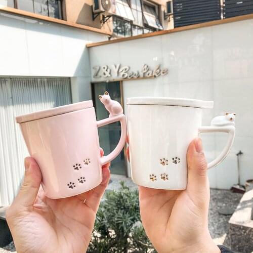 Creative Cute Coffee Mugs Three-dimensional Cat Ceramic Mug With Cover Office Coffee Cup Students Cute Cartoon Mug Tumbler Cup
