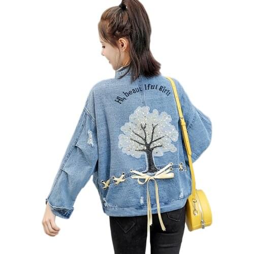 New Spring Autumn Embroidered Denim Jacket Women Korean Casual Basic Jackets Womens Fashion Single-breasted Bomber Jackets Blue