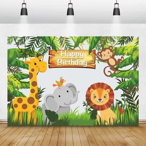 Laeacco Tropical Jungle Forest Wild Animal Safari Happy Birthday Backdrop Vinyl Custom Photographic Background Photocall Studio