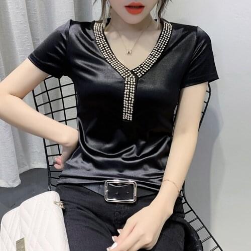 Summer Casual Diamond decoration T-shirt Short sleeve V-neck Top 2021 Women T Shirt Plus Size