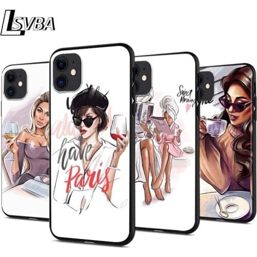 Fashion Girl Coffee For Apple iPhone 12 Pro Max Mini 11 Pro XS Max X XR 6S 6 7 8 Plus 5S Bright Black Phone Case