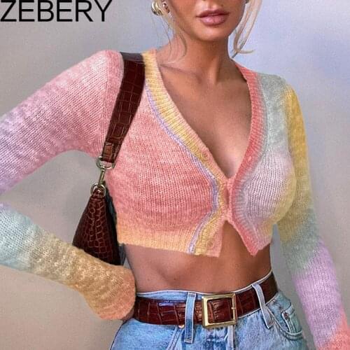 ZEBERY Sexy Cropped Cardigans Green Vintage Pullovers Tops Women 2021 V Neck Long Sleeve Autumn Button Up Y2k Knitted Sweater