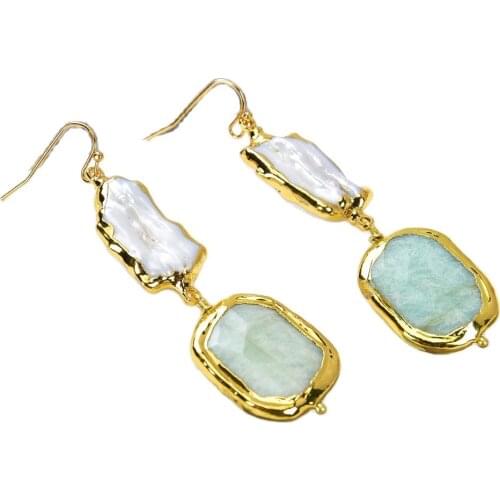 JK Biwa Pearl Amazonite Gold Plated Hook Earrings