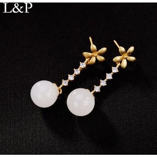 Genuine 925 Sterling Silver HETIAN Jade Stud Earrings Elegant Golden Color Flower Original Handmade Jewelry For Women Gifts 2019