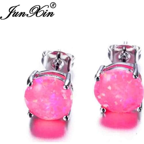 JUNXIN Cute Pink/Purple/Blue Fire Opal Stud Earrings For Women Silver Color Rainbow Birthstone Round Earrings Gift