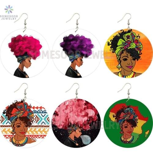 SOMESOOR Curly Afro Natural Hair Women African Wooden Drop Earrings Bubble Girl Both Sides Printed Wood Dangle For Blacks Gifts