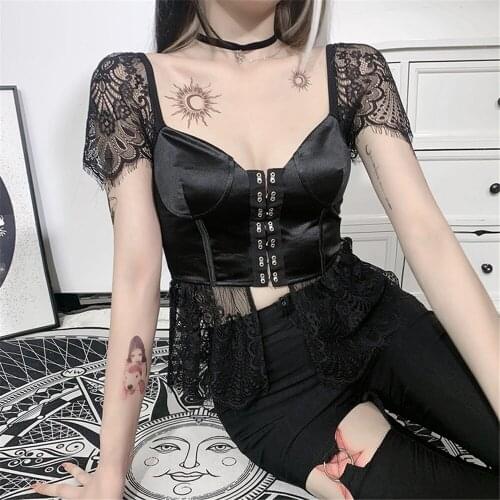 DAILOU Womens Top Lace Patchwork Short Sleeves Punk Style Slim V Neck Strap Corset Top Sexy Slim Tops Female Gothic Clothes