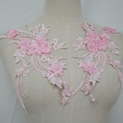 Mirror Pair Delicate 3D Floral Lace Applique Embroidery Lace Patch with Pearls Sewing Trim Fabric DIY Dress Costume Supplies