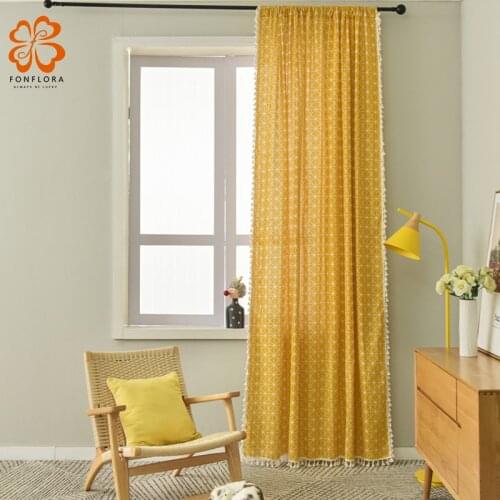 Yellow Geometric Curtains for Living Room American Style Plaid Tassels Chiffons Short Drapes for Kitchen Window Treatments