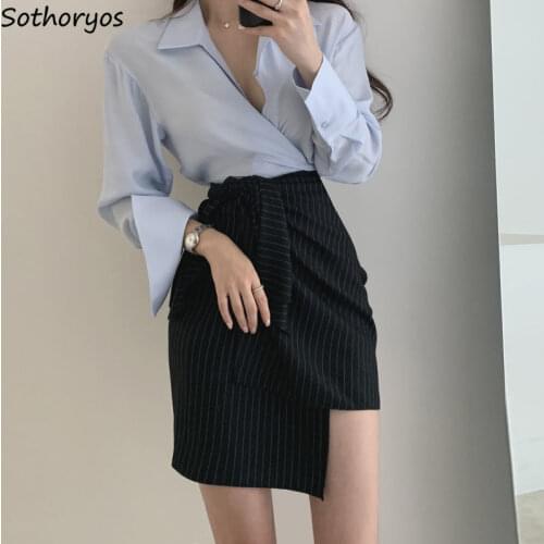 Women Sets Long Sleeve Shirts Leisure Daily Mini Skirts Fashionable Striped Asymmetrical Irregular Designed Office Lady Slim Hot