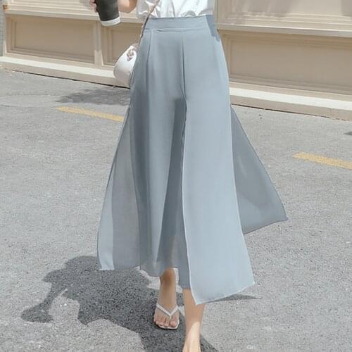 Korean Fashion Elegant OL Summer Chiffon Wide Leg Pants Womens Pants High Waist Trousers Suits For Women 2021