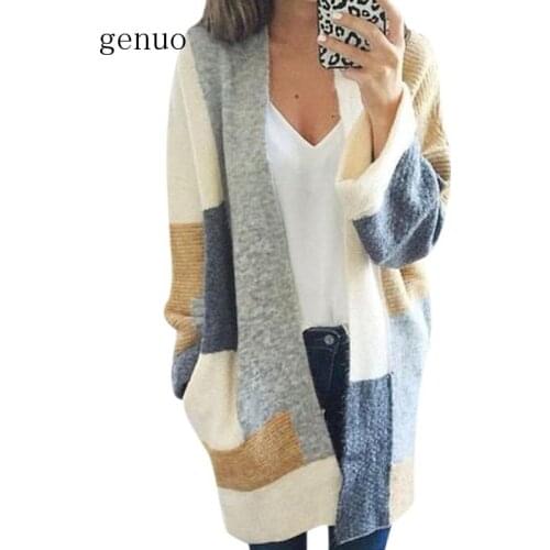Women Knitted Cardigan Sweater Coats Casual Patchwork Long Cardigan Long Sleeve Sweater