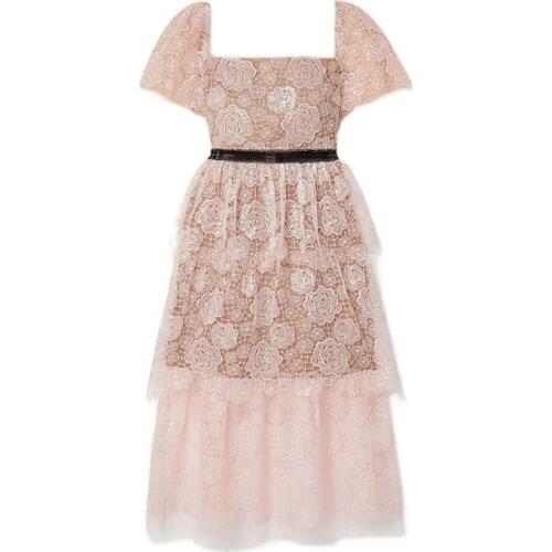 2021 Spring New Arrive Pink Color Women Lace Dress Floral Embroidered Sequin Midi Dress