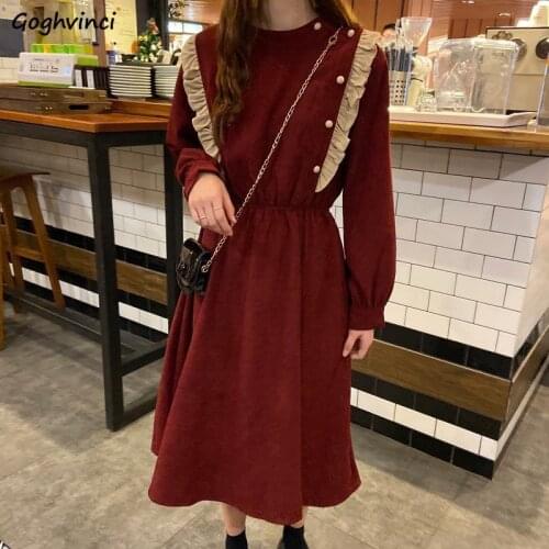 Long Sleeve Dress Women Rivet Peter Pan Collar Burgundy Loose Sweet Students Lovely Elegant Harajuku Fashion Streetwear Retro