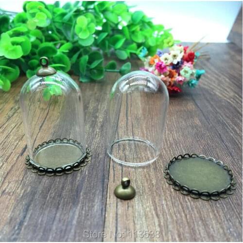 10sets/lot 38*25mm glass globe bronze double lace base beads 8mm cap set glass vial pendant fashion necklace jewelry glass dome