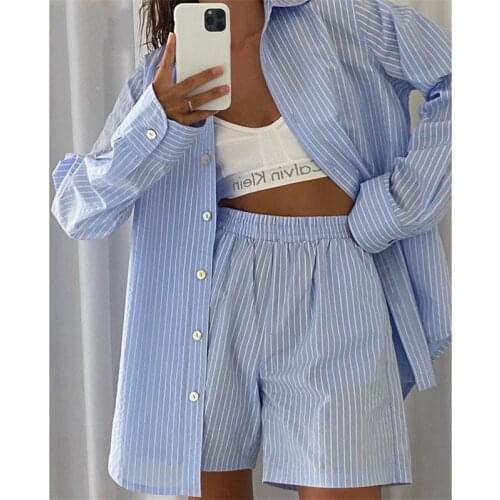 2PCS Loung Wear Women Home Clothes Stripe Long Sleeve Shirt Tops & Loose High Waisted Mini Shorts Two Piece Set Pajamas Femme