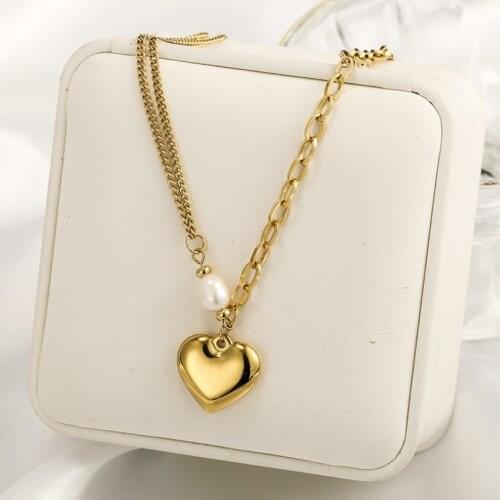 316L Stainless Steel New Fashion Fine Jewelry Pearl Heart Shape Lovers Charms Thick Chain Choker Necklaces Pendants For Women