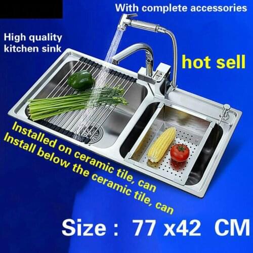 Free shipping Luxury fashion kitchen sink double slot 0.8 mm thick food grade 304 stainless steel 770 x420 MM