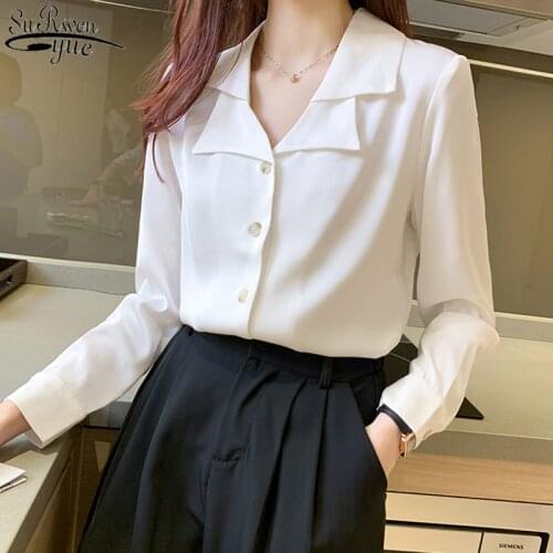 Korean Satin Long Sleeve Blouse Women Simple OL Blusas Plus Size 2XL Suit Collar Solid Singel Breasted Loose Womens Shirt 11343