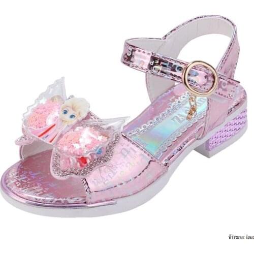 Frozen Elsa Girls Sandals Autumn Butterfly Glitter Leather non-slip Crystal Shoes High Heel Party Dance Kids Shoes Princess Shoe