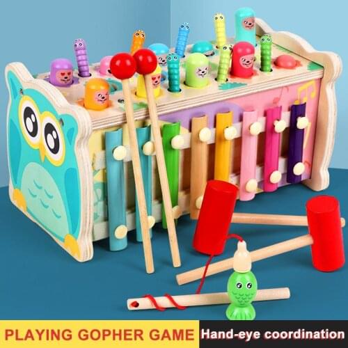 Wooden Montessori Play Whac-a-mole Toy Kids Fishing Game Music Ducational Toy Baby 13 Months Early Learning Childrens Gift Toys
