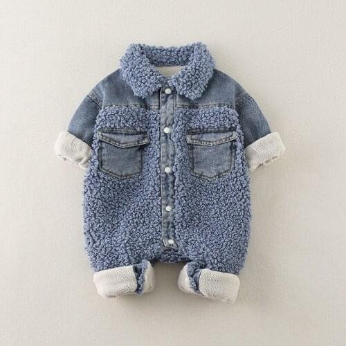 Baby Jumpsuits Solid Blue Onesie For Newborn Denim Thickness Warm Winter Outfits For Girls/Boys Long Sleeve Infant Baby Jumper